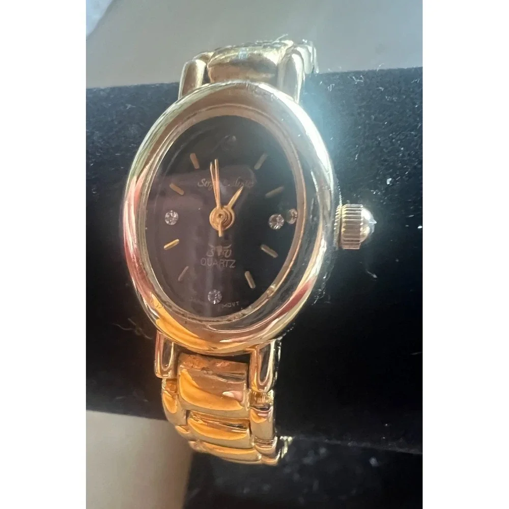 Sergio Valente Women's Watch Gold Tone Oval Black Dial Crystal Japan Mov't Dress